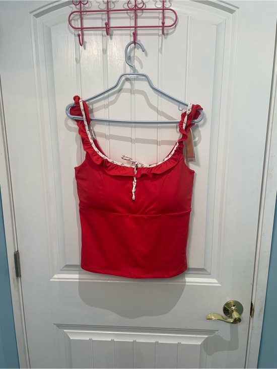 Blogilates Tops - Ruffle-Trim Red Tank Top with Front Tie